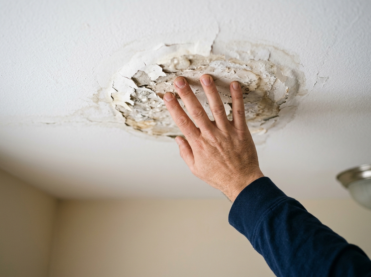 Close-up of a hand pressing on a water-stained ceiling patch with paint bubbling and peeling
