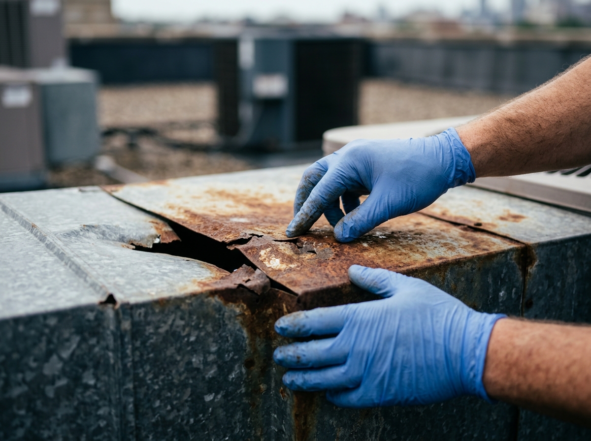 Close-up of gloved hands examining rusted rooftop AC ductwork after storm damage