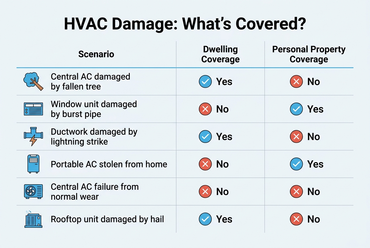 Infographic: Comparison table titled 'HVAC Damage: What's Covered?'