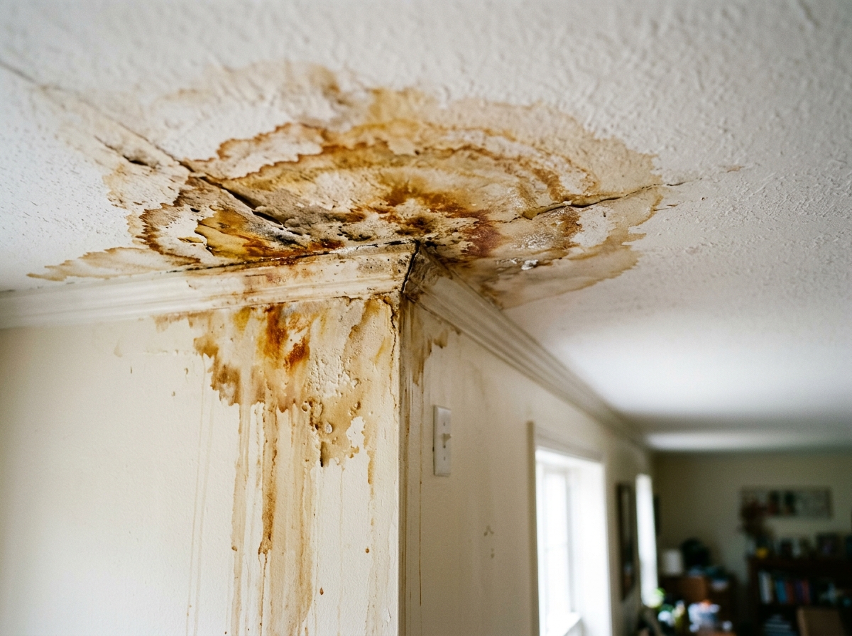 Close-up of water stains spreading across a ceiling corner near an interior wall