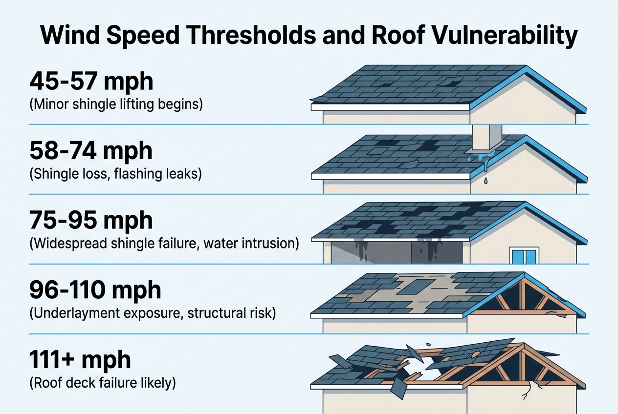 Infographic: Chart titled 'Wind Speed Thresholds and Roof Vulnerability'