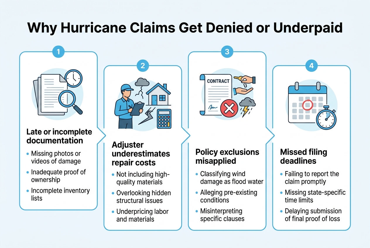 Infographic: 4-step flow titled 'Why Hurricane Claims Get Denied or Underpaid'