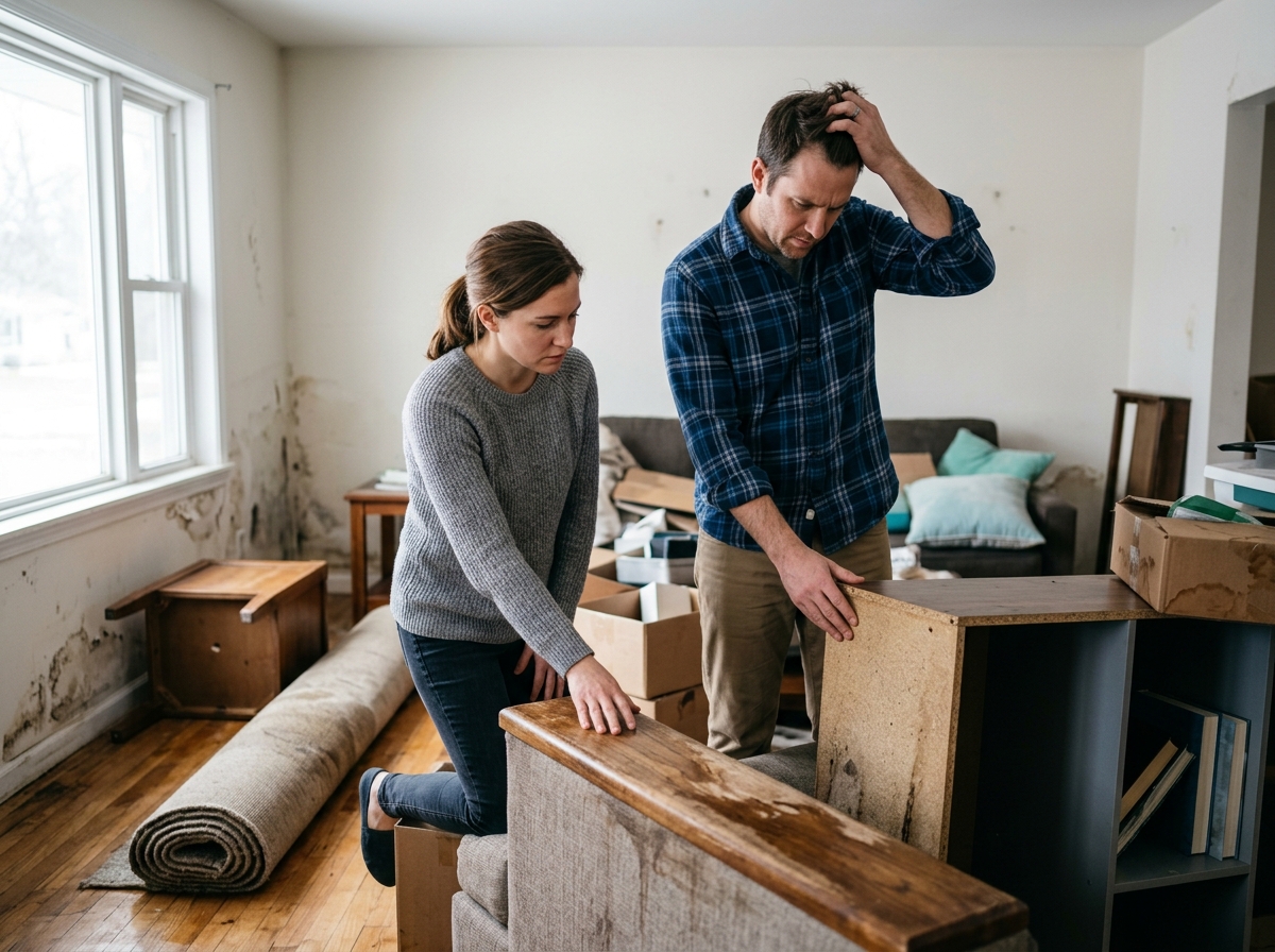 Worried couple reviewing water-damaged furniture and soaked drywall inside their flooded living room