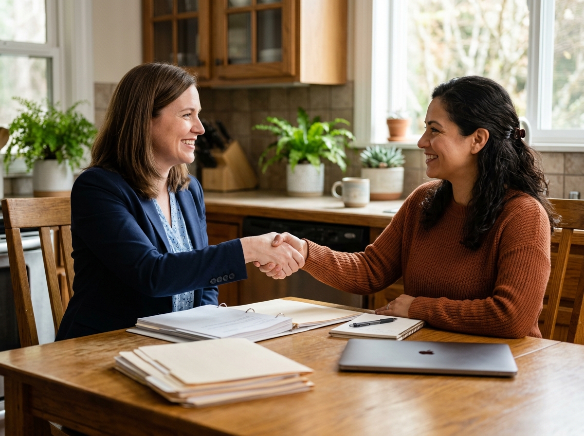 Attorney shaking hands with homeowner at kitchen table stacked with claim folders and a laptop