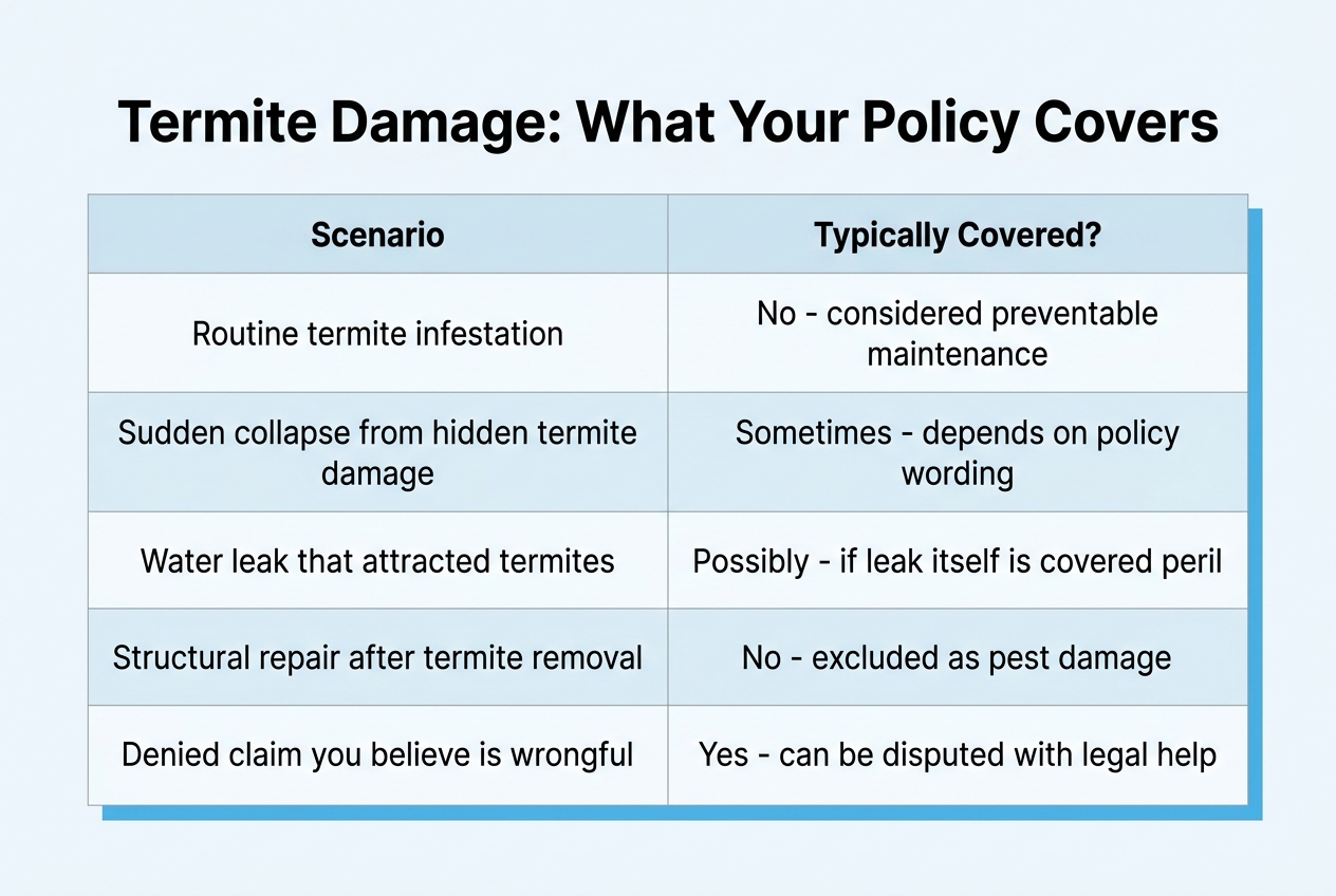 Infographic: Table titled 'Termite Damage: What Your Policy Covers'