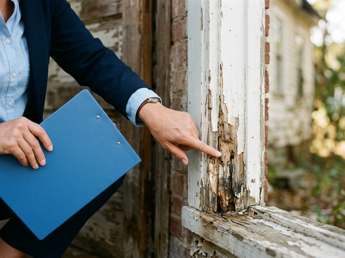 Close-up of insurance adjuster's hands pointing at wood damage report near damaged doorframe