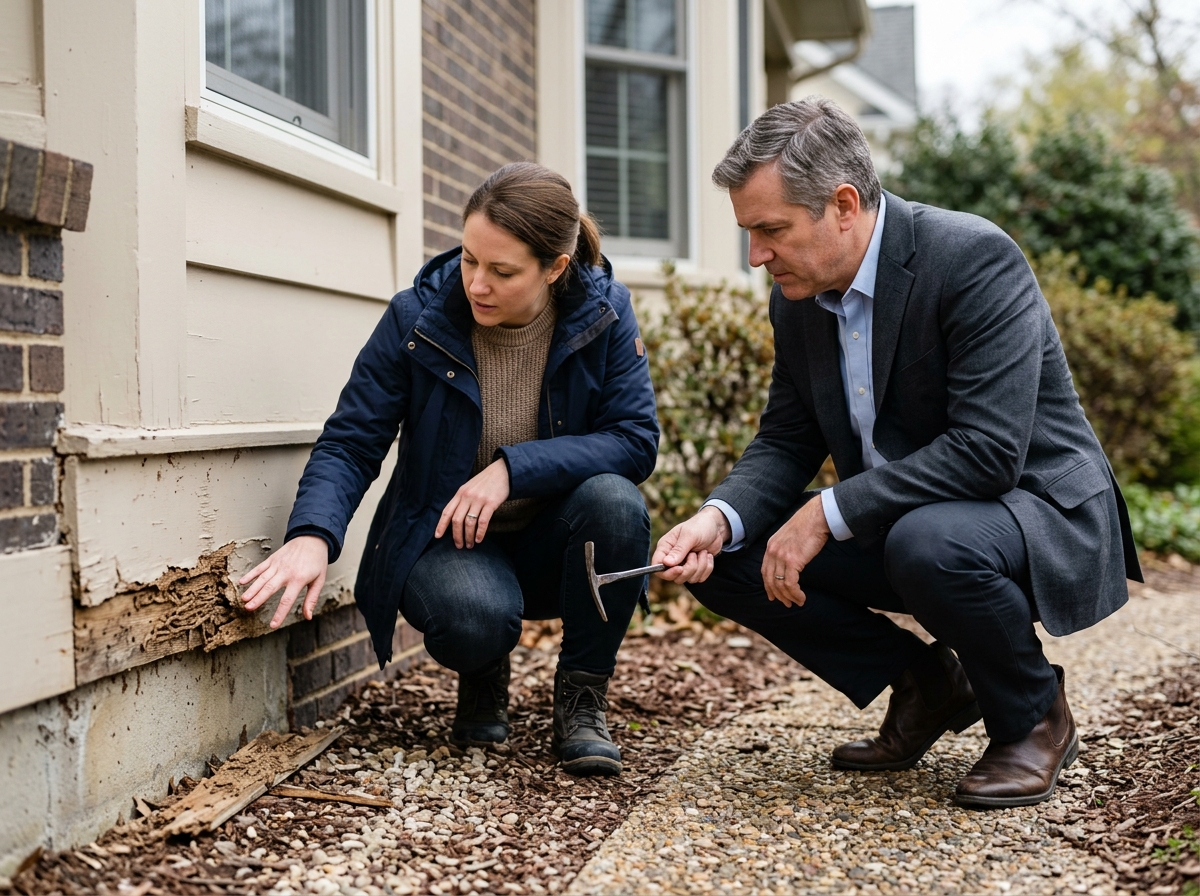Homeowner and attorney inspect crumbling wood trim and mud tubes along exterior house foundation