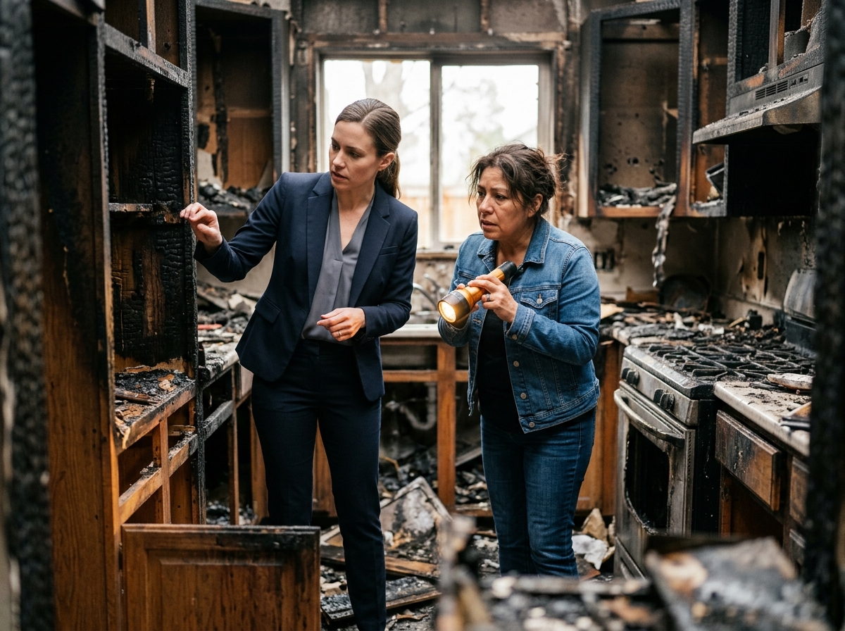 Attorney in suit reviewing burned kitchen debris alongside worried homeowner holding a flashlight