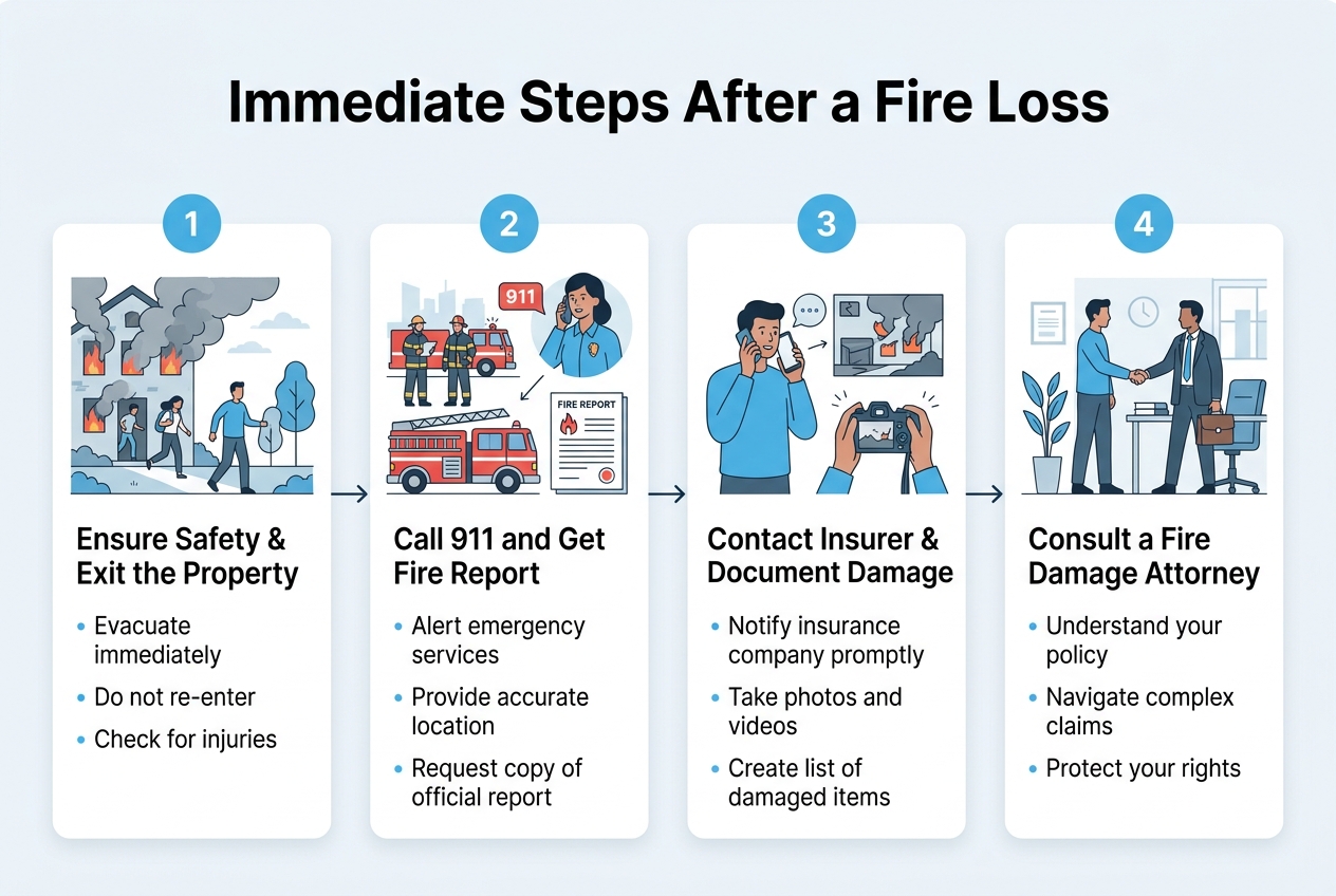 Infographic: 4-step process titled 'Immediate Steps After a Fire Loss': 1) Ensure Safety & Exit the Property 2) Call 911 and