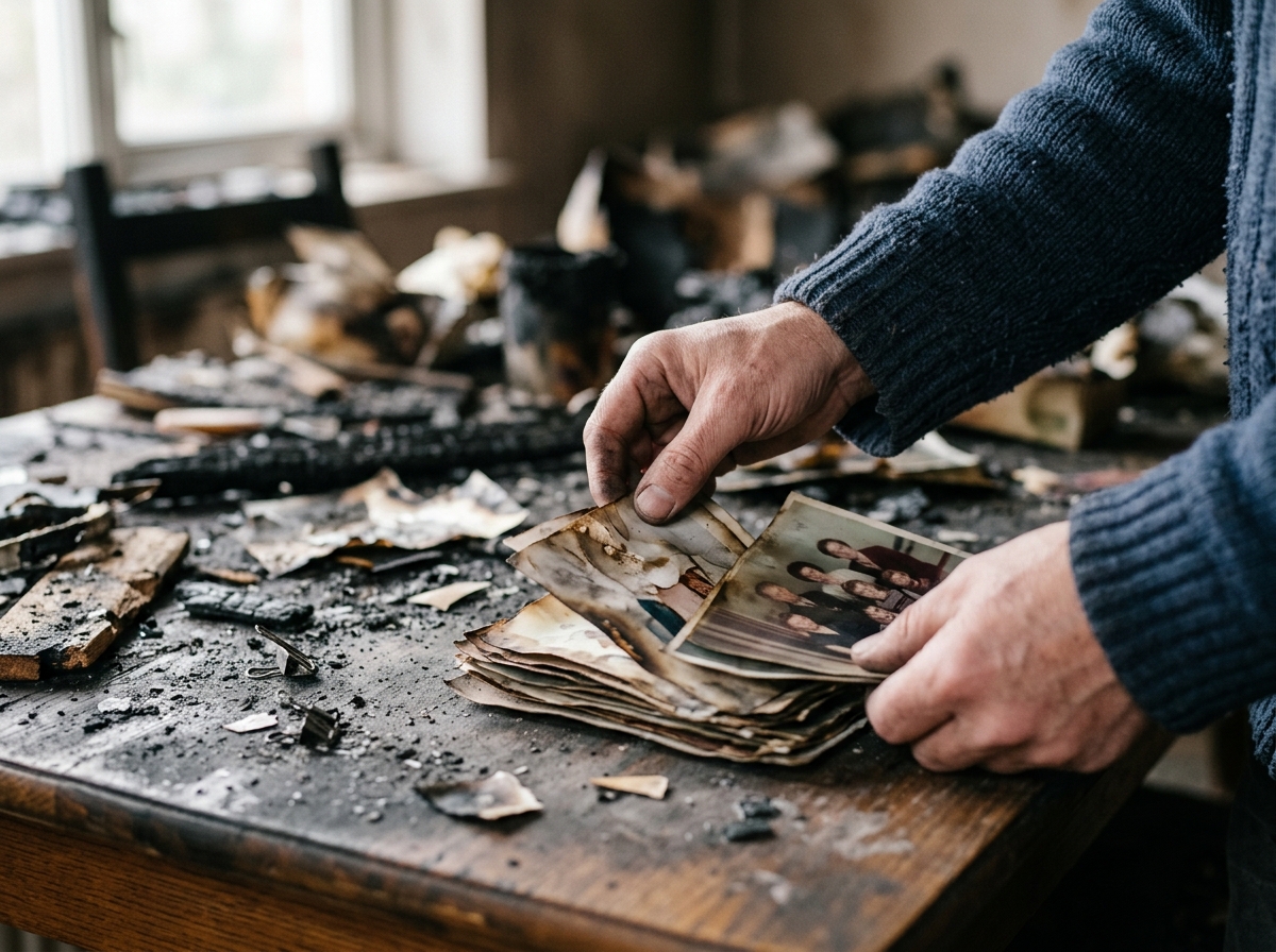 Close-up hands sifting through smoke-damaged family photographs and soot-covered belongings on table