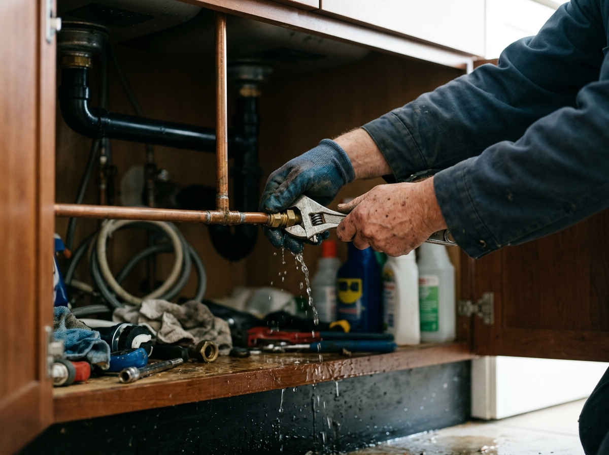 Plumber's hands tightening a burst pipe fitting under a sink, water pooling below
