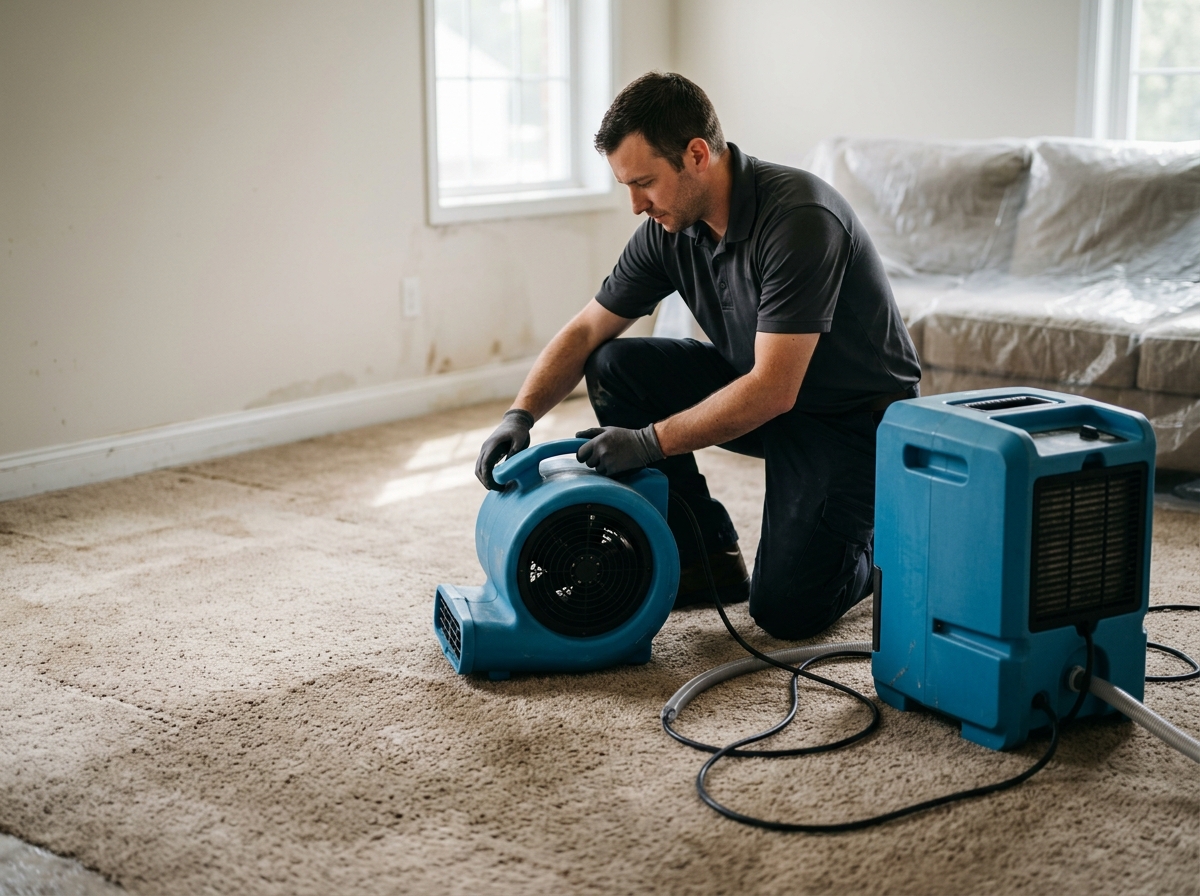 Restoration technician runs industrial dehumidifier and fans across a soaked living room carpet