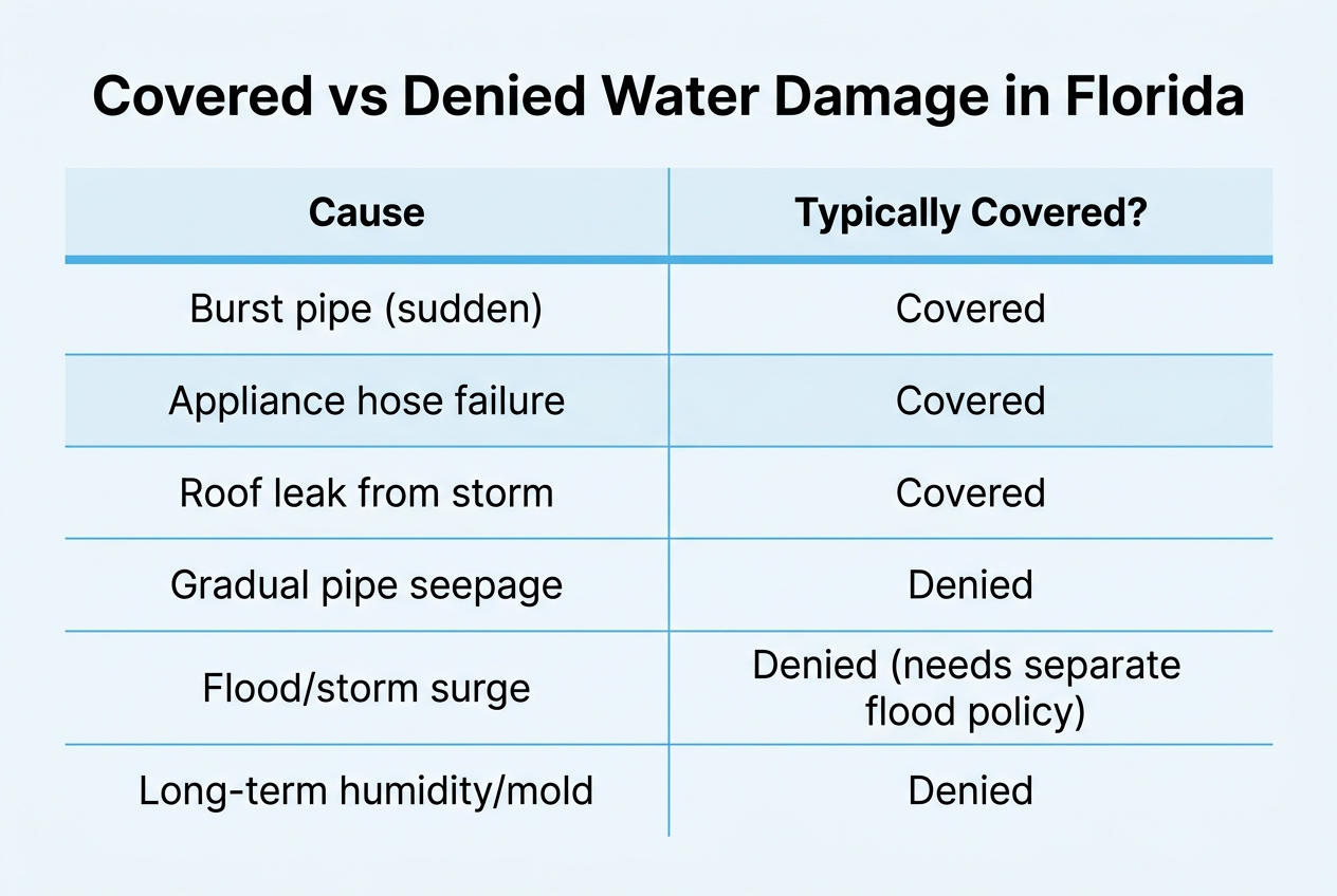 Infographic: Table titled 'Covered vs Denied Water Damage in Florida'