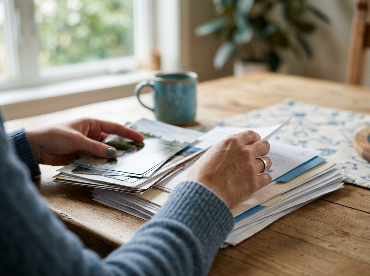 Close-up of hands sorting stacks of insurance paperwork and photographs at a kitchen table