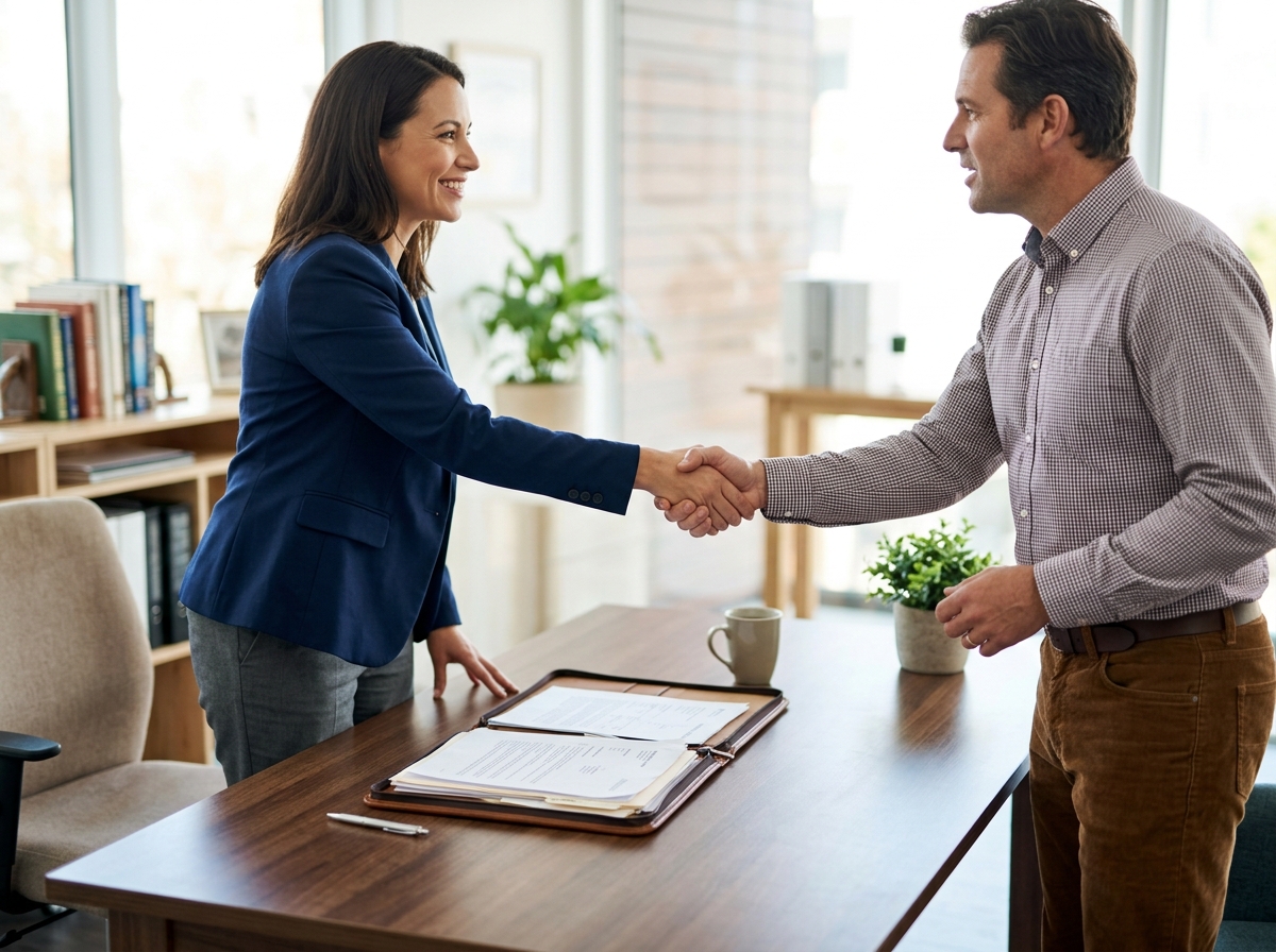 Homeowner shaking hands with attorney in office, insurance file open on desk between them