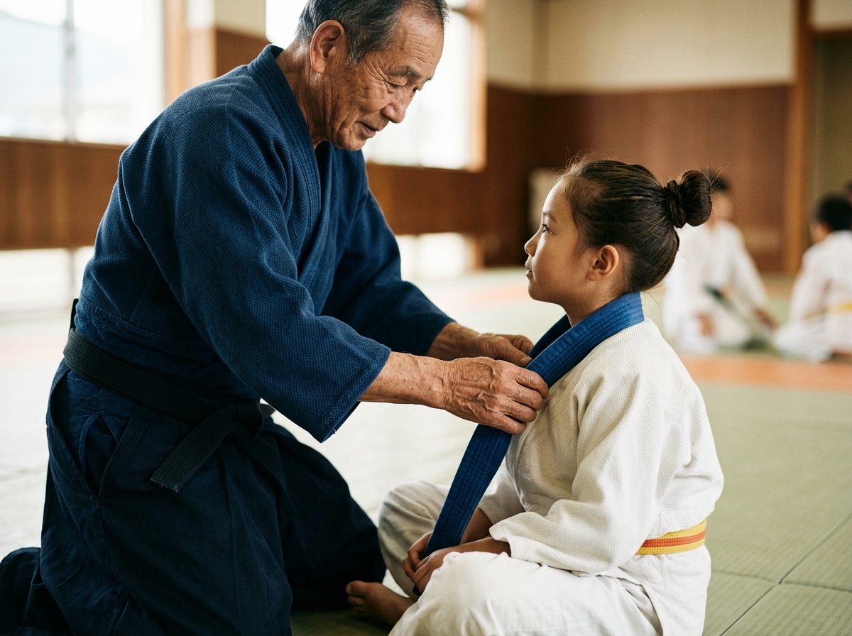 Elderly instructor's weathered hands adjusting young student's gi lapel during quiet mat instruction