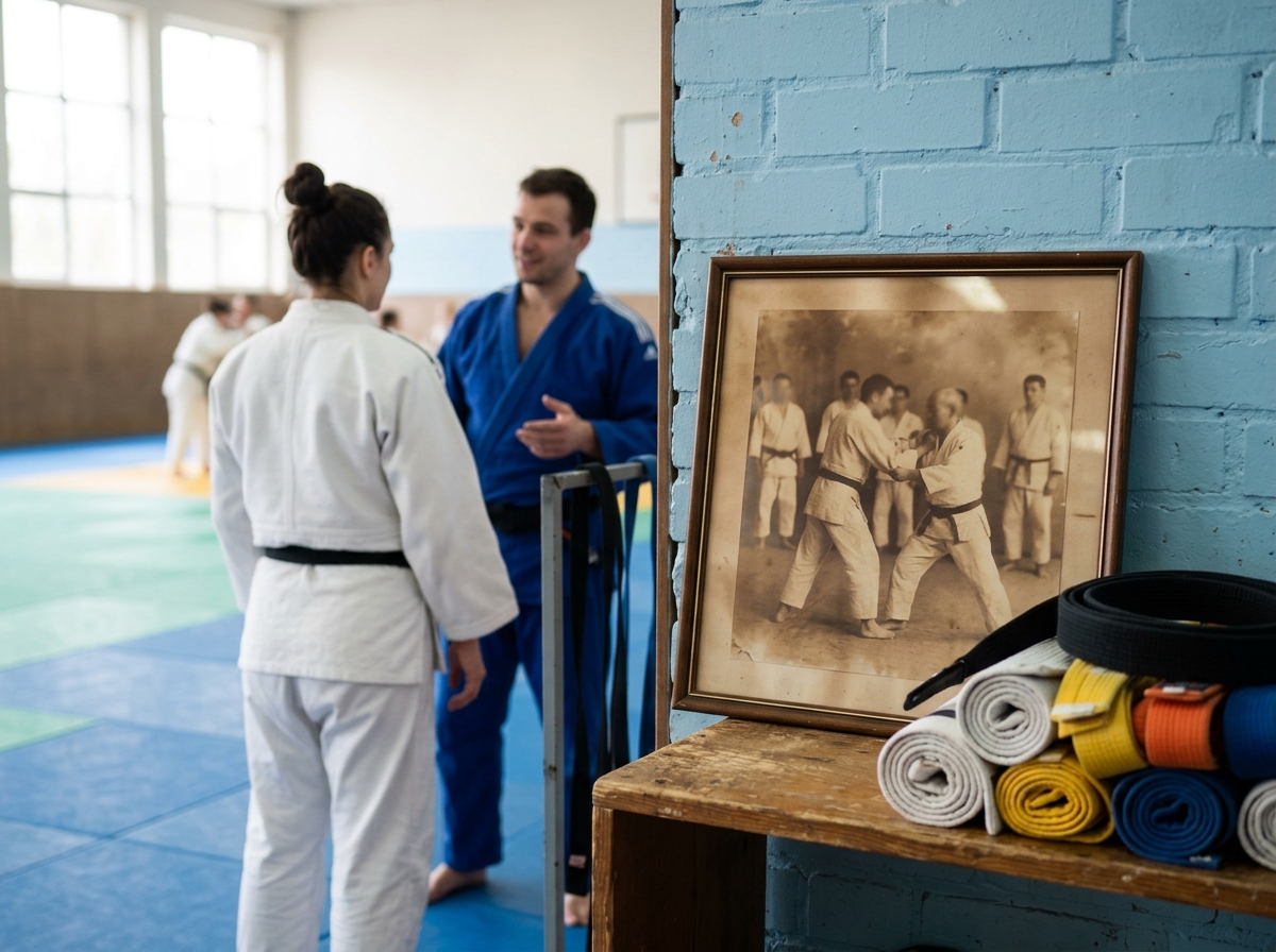 Faded sepia-toned photograph of old judo mat propped against gym wall near modern rolled belts