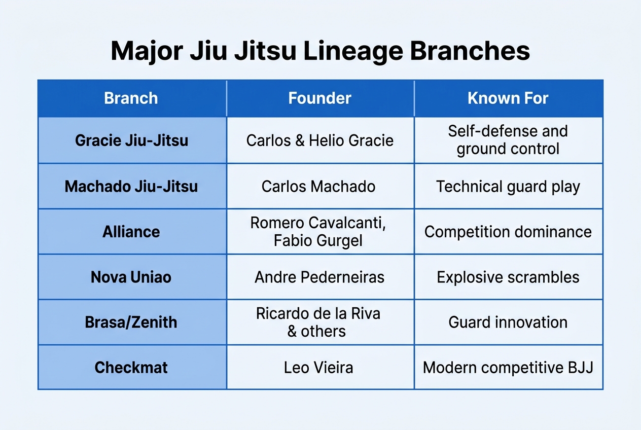 Infographic: Chart titled 'Major Jiu Jitsu Lineage Branches'