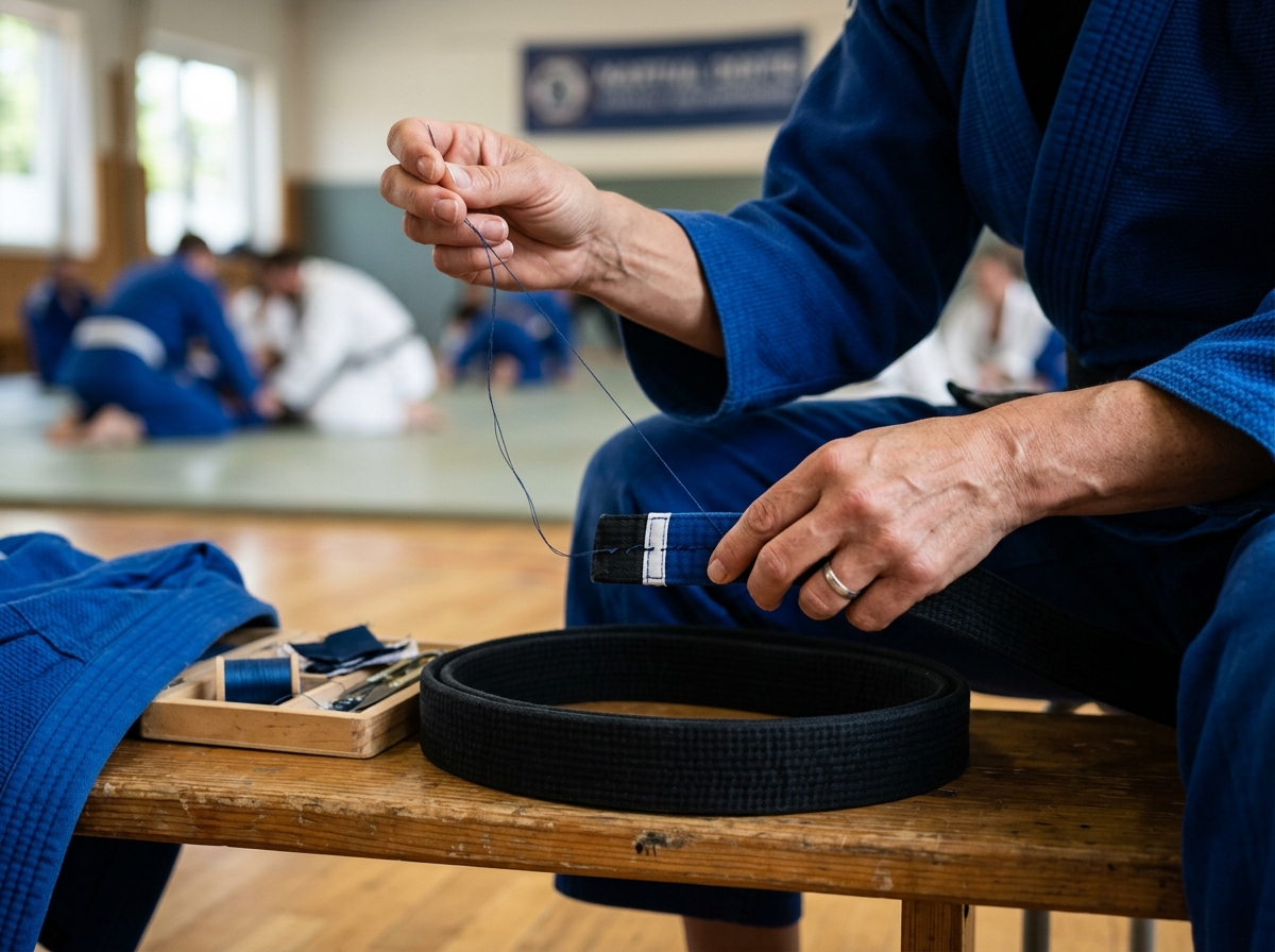 Close-up of instructor's hands stitching a fabric stripe onto a black belt