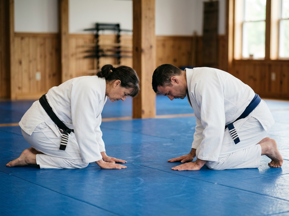 Two practitioners bowing on the mat, belts with multiple stripes clearly visible