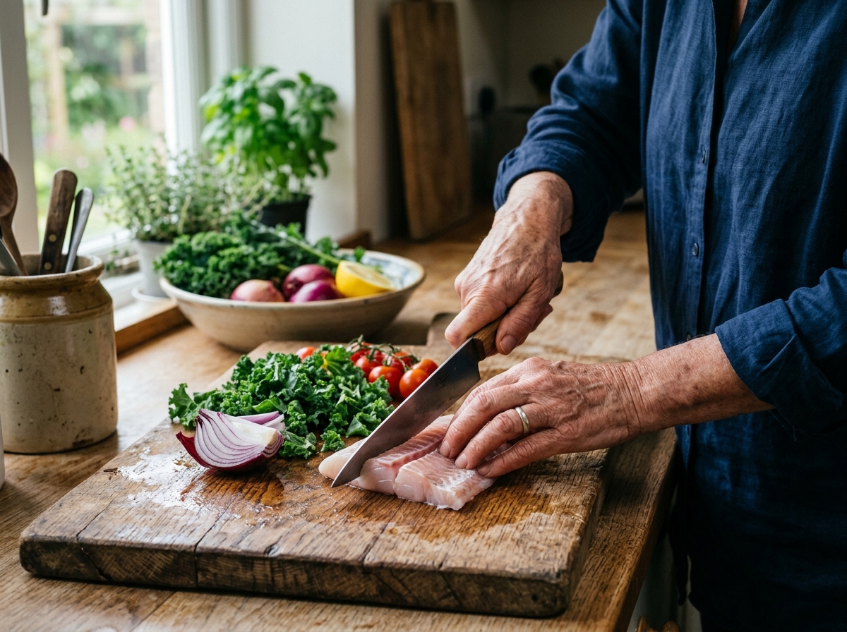 Weathered hands slicing fresh fish and vegetables on rustic wooden kitchen cutting board