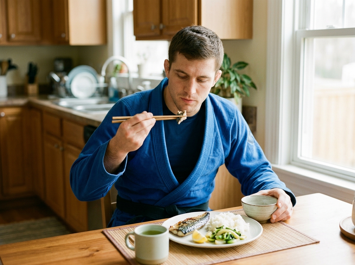 Athlete in gi eating simple grilled fish plate at sunny kitchen table before training