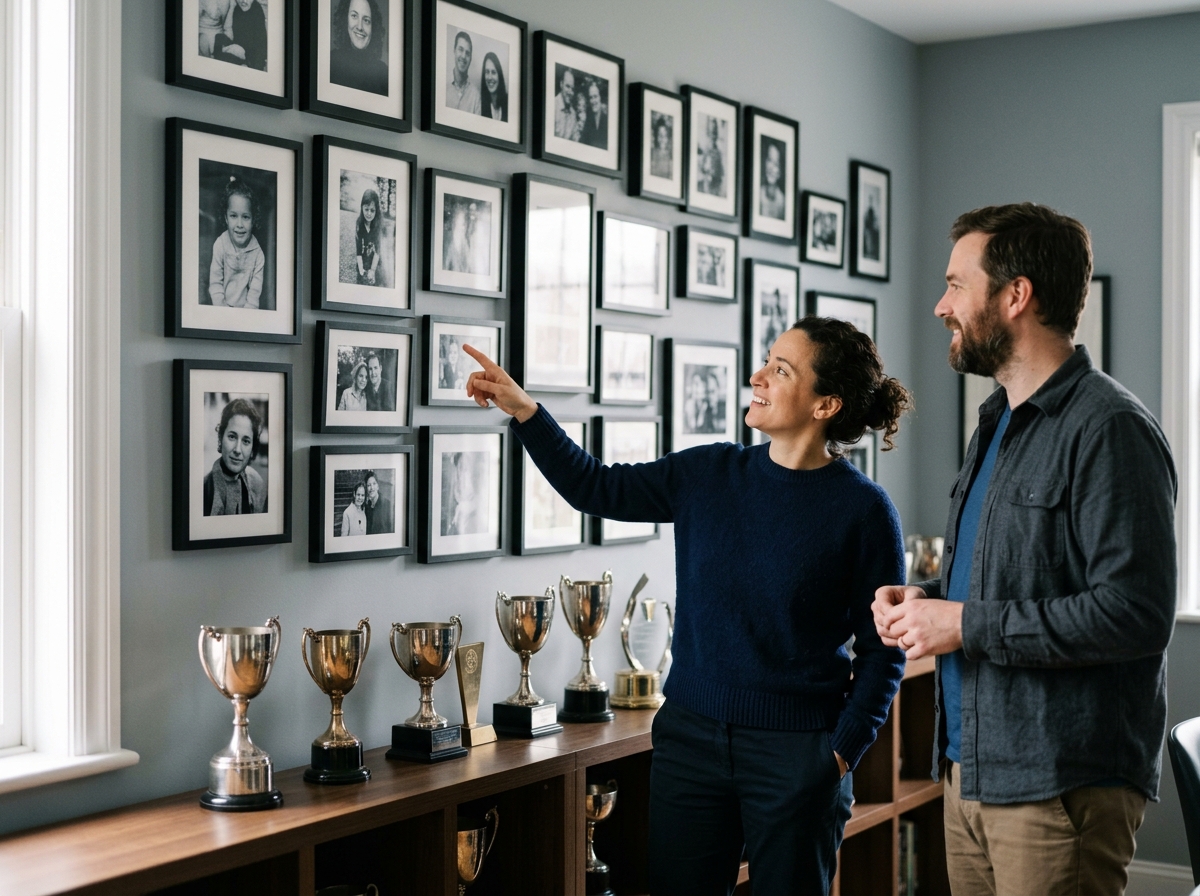 Weathered black-and-white style photo wall of framed portraits above a trophy shelf