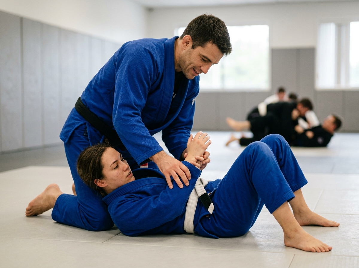 Instructor gently correcting a student's arm-bar grip during a focused technique drill