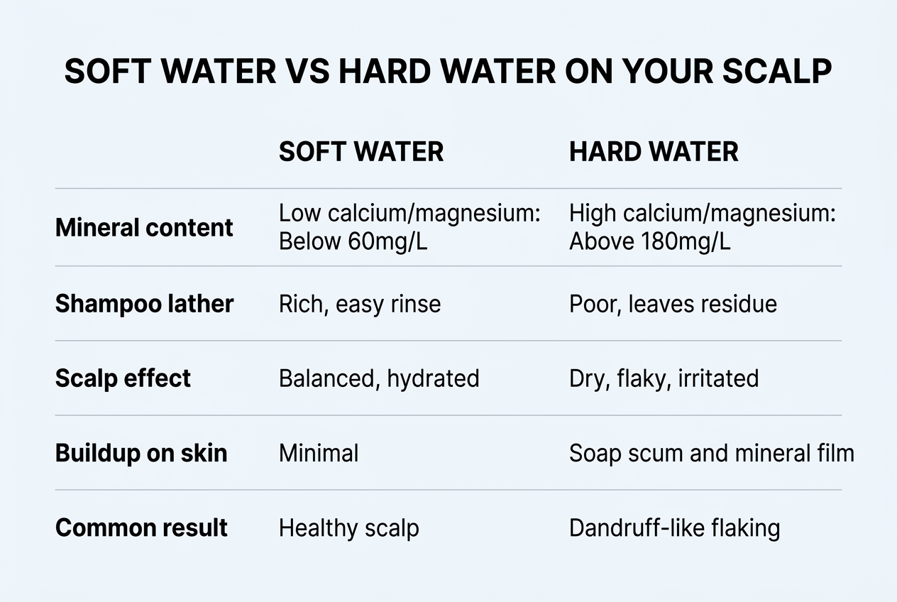 Infographic: Comparison titled 'Soft Water vs Hard Water on Your Scalp'