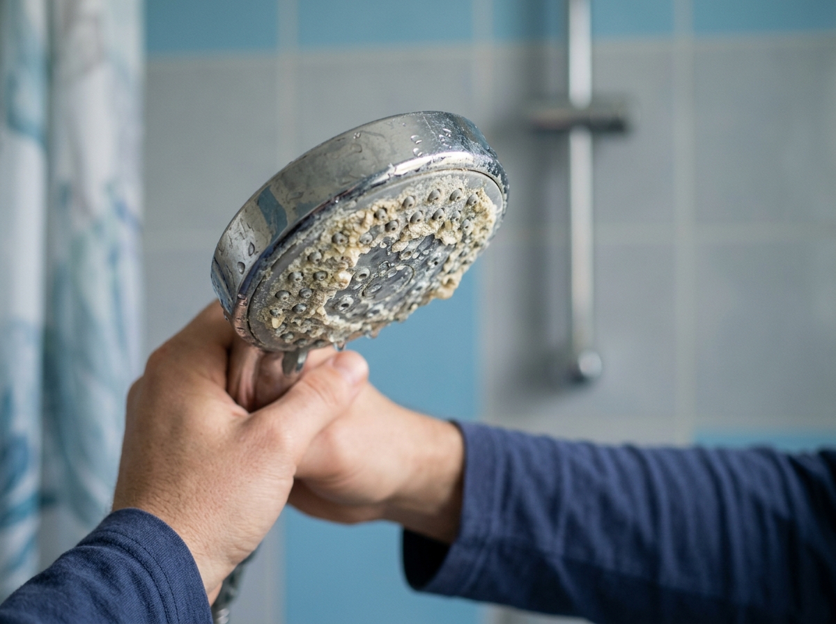 Close-up of calcified limescale crusting a chrome showerhead nozzle, water droplets visible