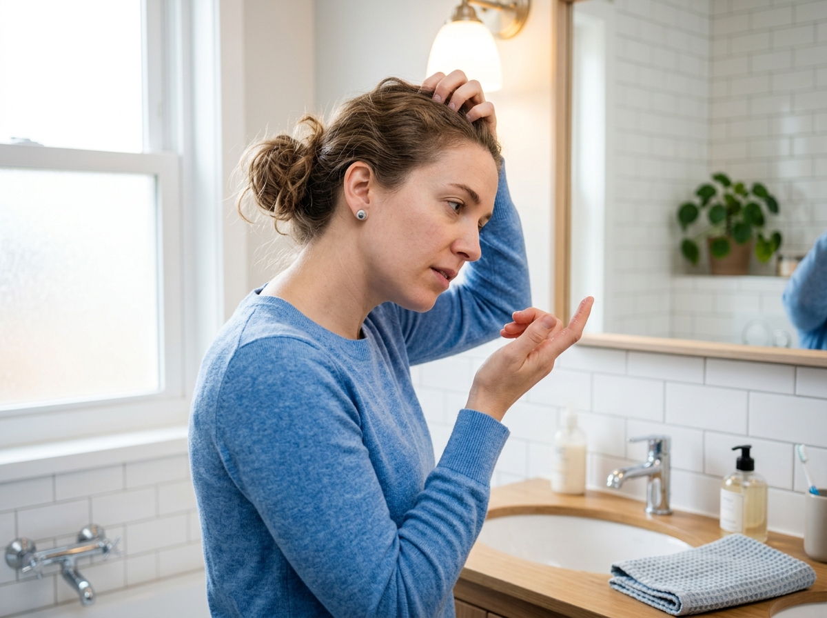 Person scratching scalp while examining flakes on fingertips under bright bathroom lighting