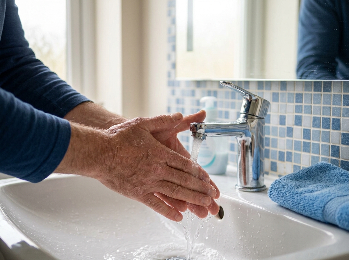 Close-up of dry, flaky hands under running tap water beside bathroom mirror