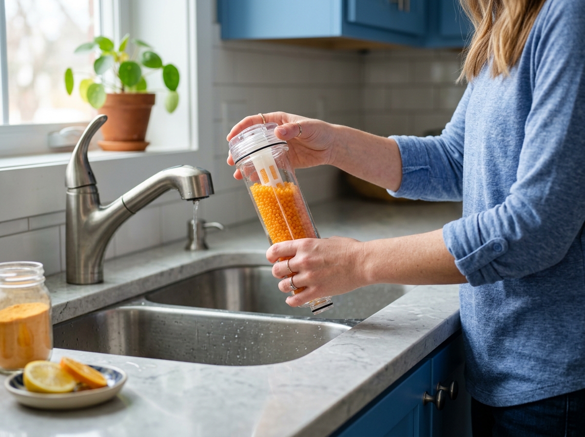 Hands holding glass filter cartridge infused with citrus-colored vitamin C beads near sink