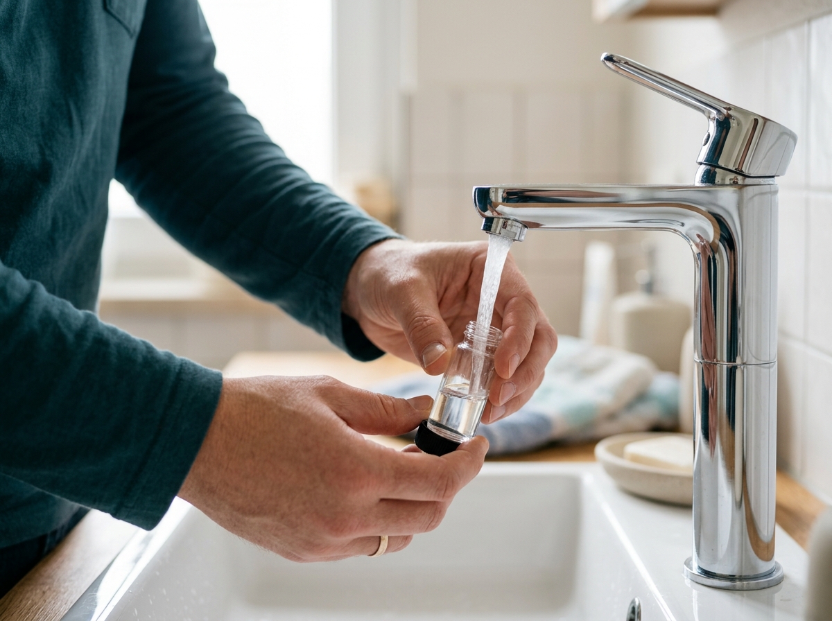Close-up of hands filling a home water testing vial from a bathroom faucet stream