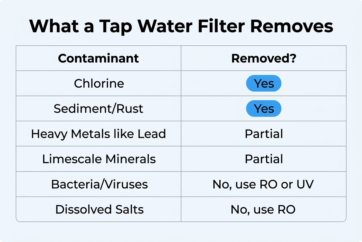 Infographic: Table titled 'What a Tap Water Filter Removes'