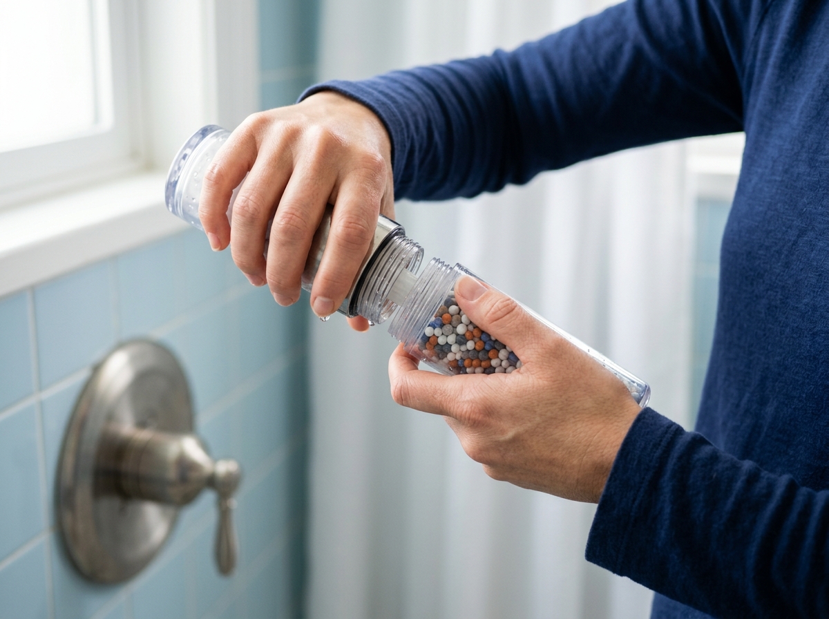 Hands unscrewing a filtration shower head cartridge, revealing layered mineral filter beads inside