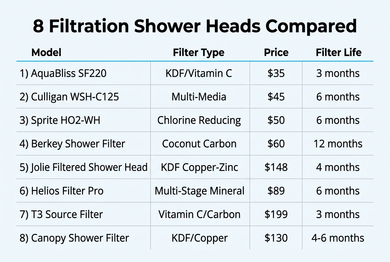 Infographic: Comparison table titled '8 Filtration Shower Heads Compared'