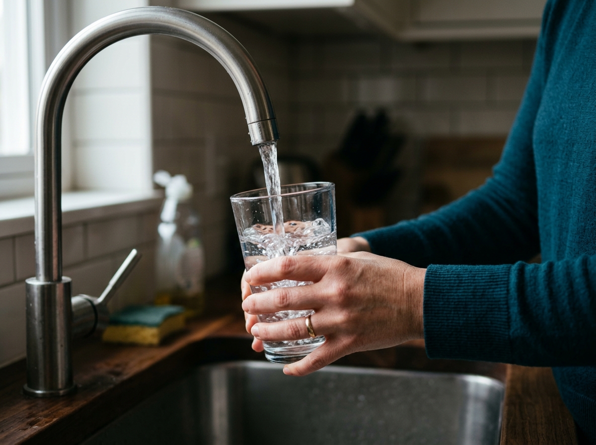 Close-up of a clear glass of tap water held under a faucet in a dim kitchen