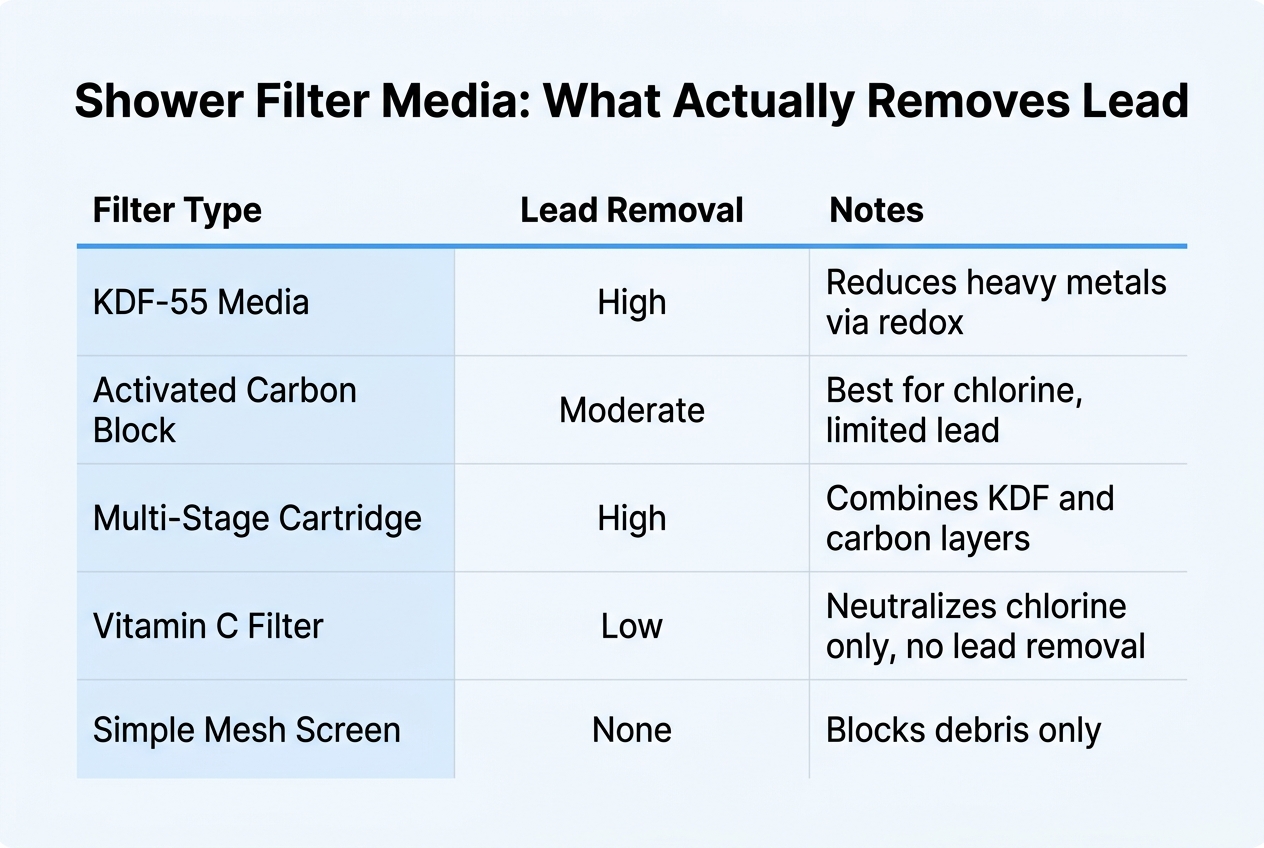 Infographic: Comparison table titled 'Shower Filter Media: What Actually Removes Lead'