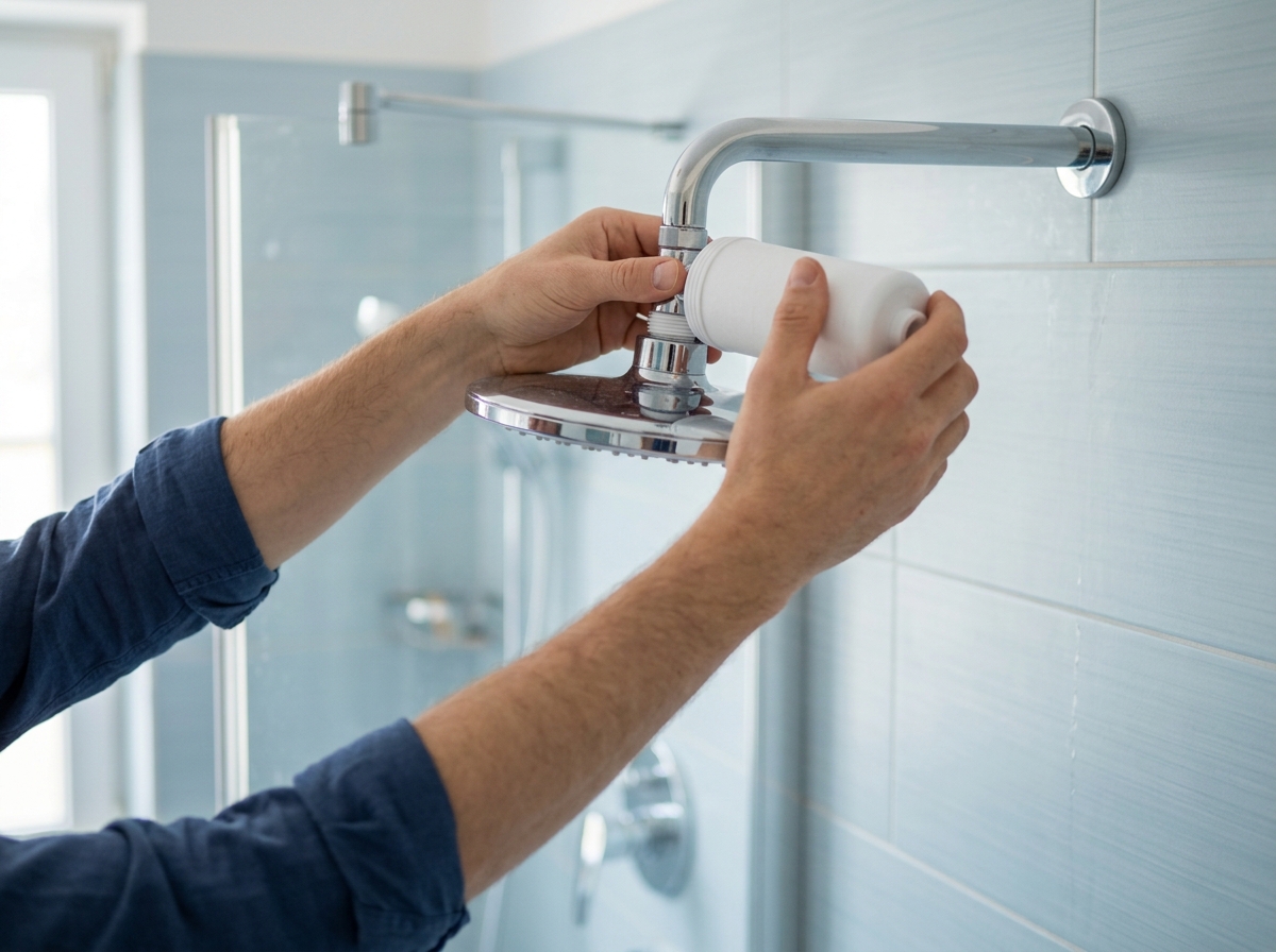 Hands installing a white filter cartridge onto a showerhead fixture in a bathroom