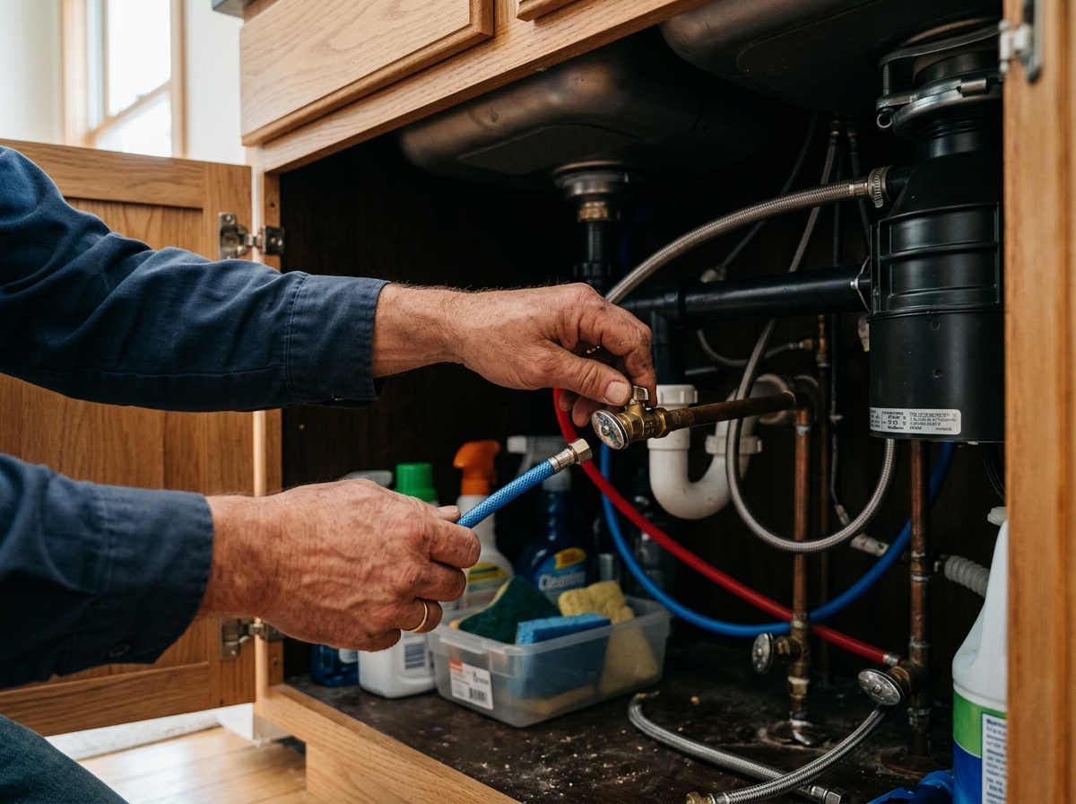 Close-up of hands inspecting supply lines and shutoff valves inside an open sink cabinet