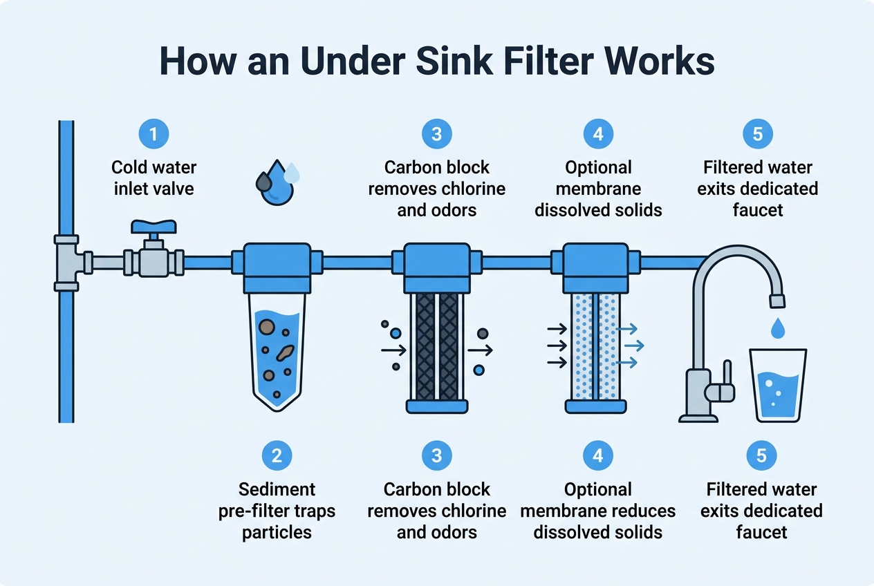 Infographic: Diagram titled 'How an Under Sink Filter Works'