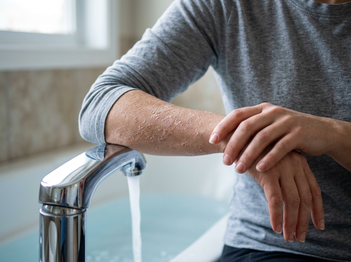 Close-up of dry flaky skin on forearm resting against edge of running bathtub faucet