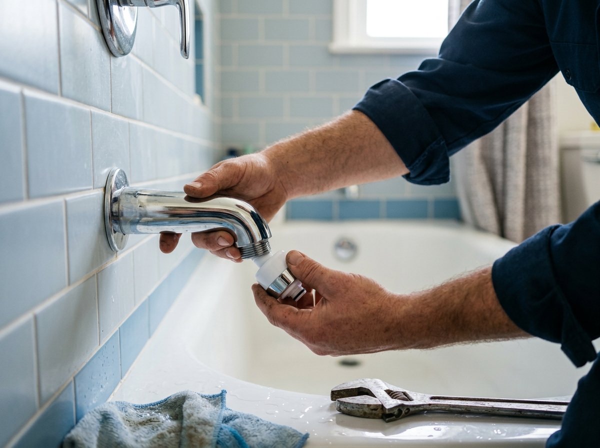 Plumber's hands installing small filter cartridge onto chrome bathtub spout with wrench nearby
