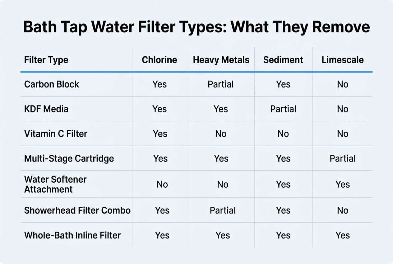 Infographic: Comparison table titled 'Bath Tap Water Filter Types: What They Remove'