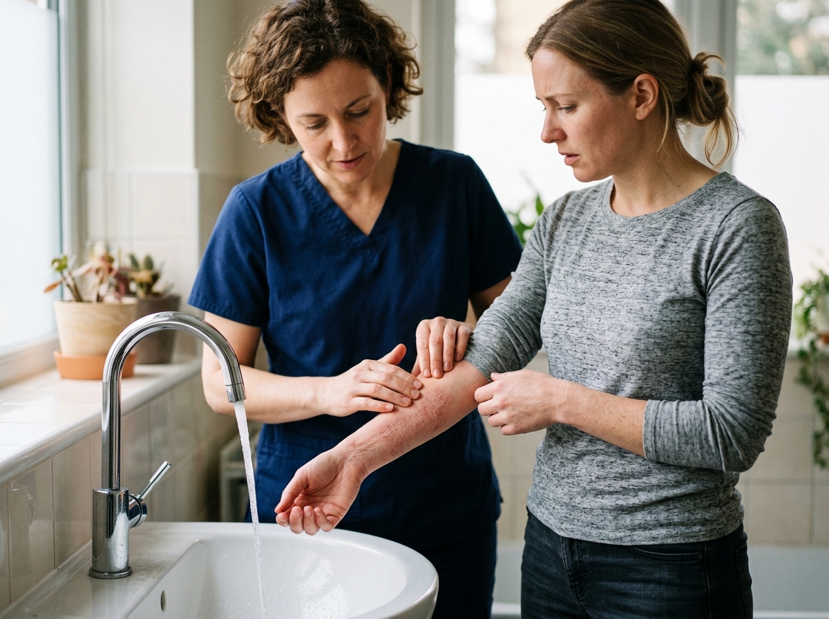 Dermatologist examining a woman's dry, irritated forearm skin near a running faucet