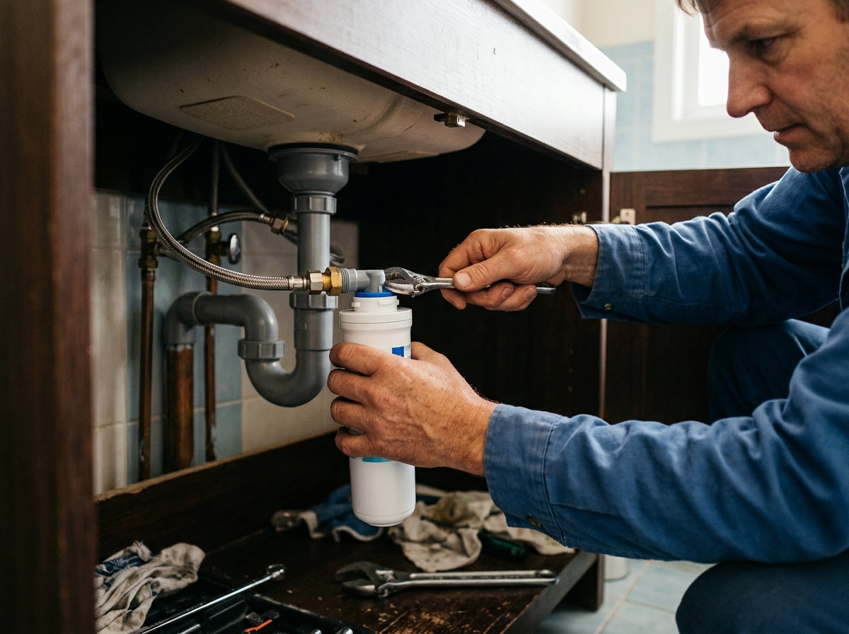 Hands installing a compact filter cartridge beneath a bathroom sink cabinet