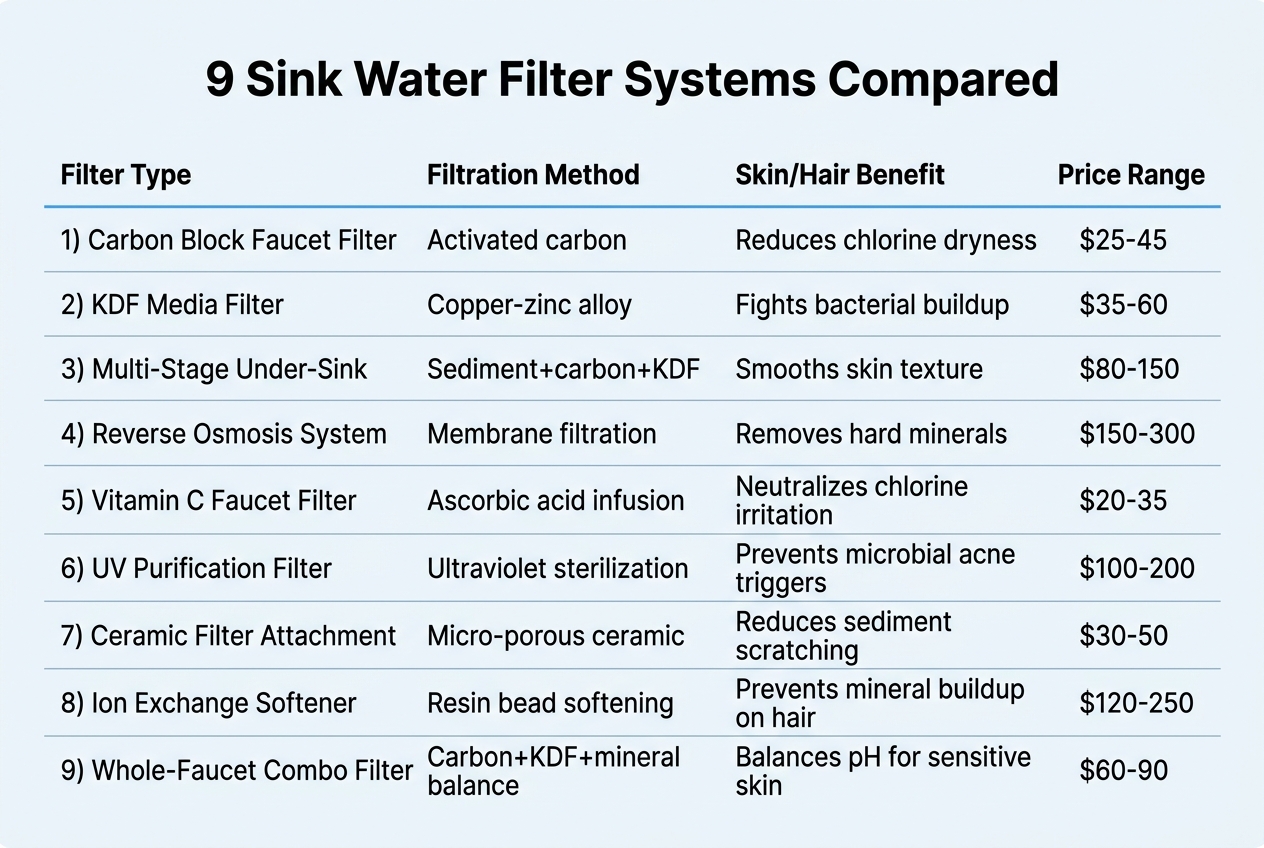 Infographic: Comparison table titled '9 Sink Water Filter Systems Compared'