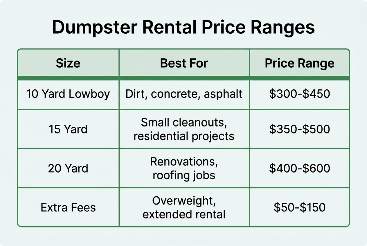 Infographic: Table titled 'Dumpster Rental Price Ranges'