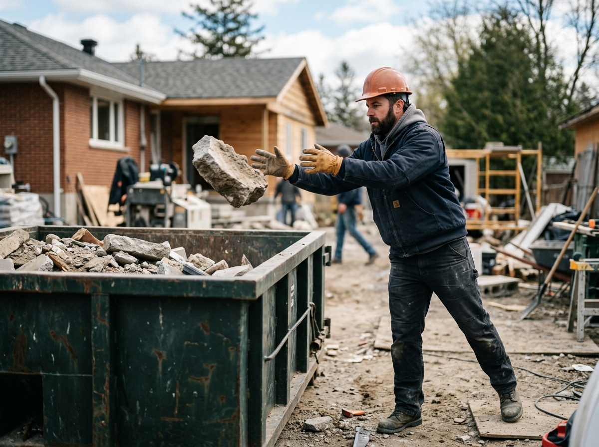 Contractor tossing broken concrete chunks into a low-profile 10 yard dumpster on job site